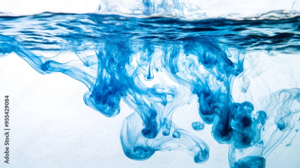 Leinwandbilder Blue ink dropping into clear water, creating swirling patterns and abstract shapes