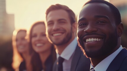 Fototapeta premium Smiling professionals in business attire showcasing teamwork during a sunset meeting outdoors