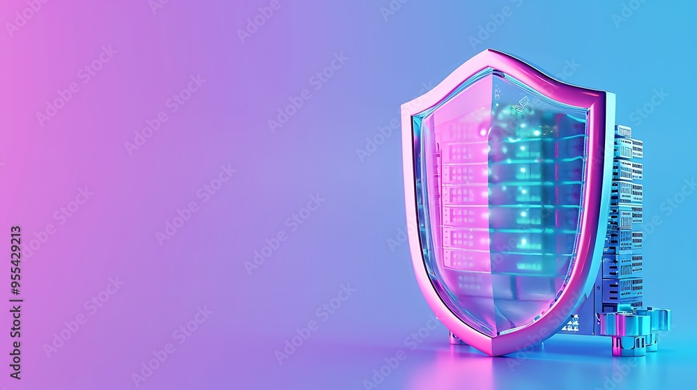 Poster futuristic server protection symbolized by a shield, representing cybersecurity and data safety in a