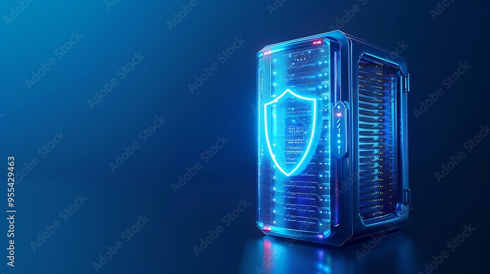Poster futuristic server rack with glowing shield symbol, representing cyber security and data protection i