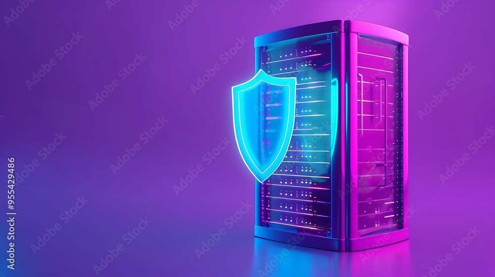 Poster futuristic server rack with glowing shield symbolizing it security and data protection in a neon-lit