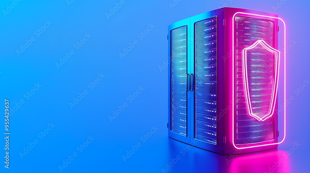 Aufkleber futuristic server rack with neon lights and a shield symbol representing cyber security, data protec