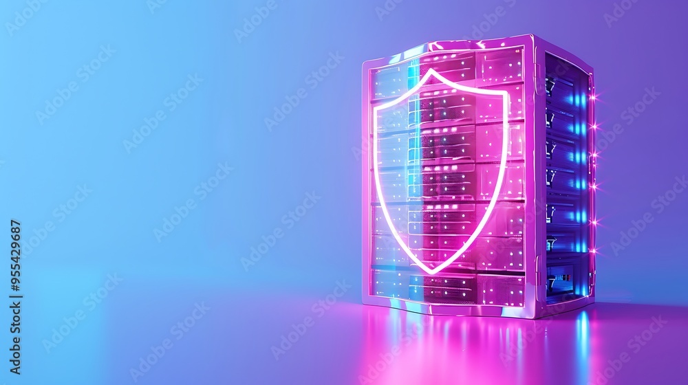 Poster futuristic server rack with neon shield symbol, representing cybersecurity and data protection in a 
