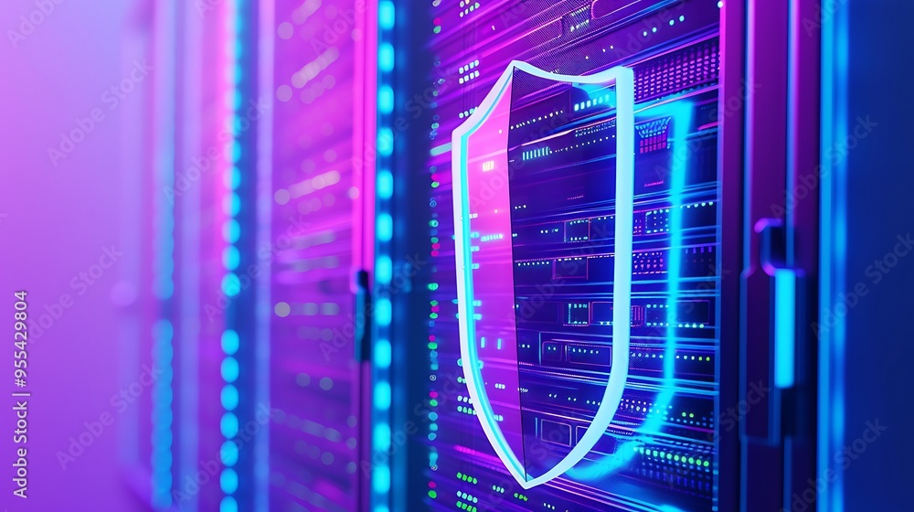 Poster futuristic server racks in data center with glowing shield icon symbolizing cybersecurity protection