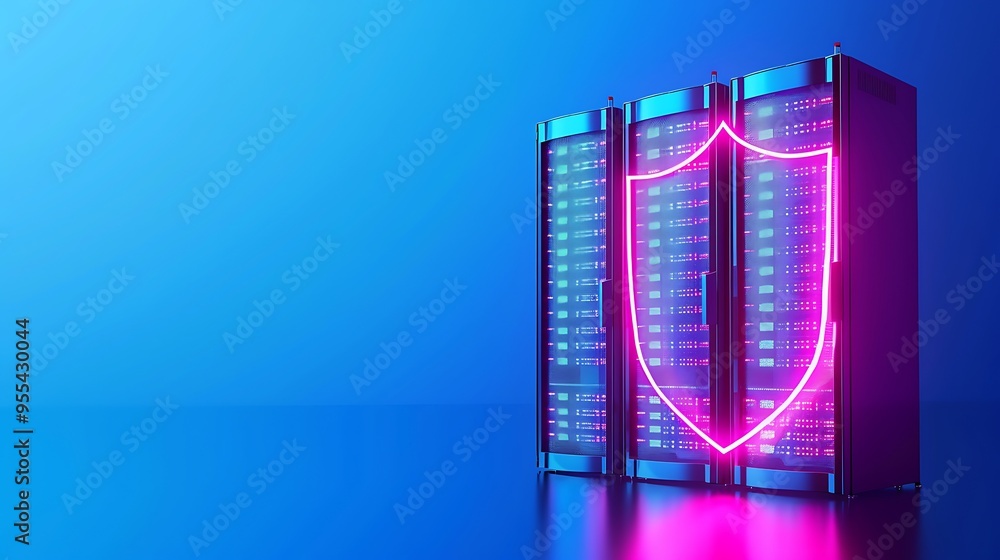 Poster futuristic server racks with a glowing shield symbolizing cybersecurity and data protection in a blu