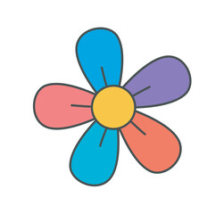 Colorful flower with six rounded petals in different colors including blue yellow red and purple flat vector illustration abstract decorative pattern