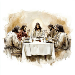 Watercolor, Last Supper with Jesus 