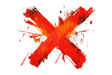A red and orange cross made with paint splatters on a white transparent background. The cross has a grunge and distressed look, and it is a symbol of prohibition, rejection, or cancellation.