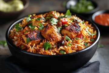 Fototapeta premium A flavorful serving of spicy chicken biryani garnished with fresh herbs, capturing the essence of traditional Indian cuisine.