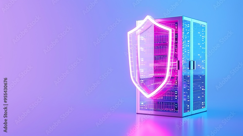 Aufkleber futuristic server security concept. digital shield protecting a server unit with neon glow on a blue