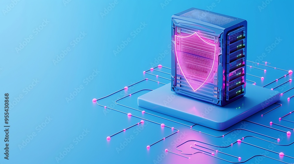 Poster futuristic server with a glowing digital shield symbolizing cybersecurity and data protection, set a