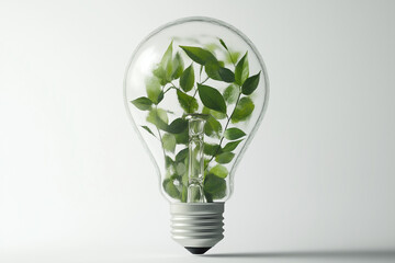 Lightbulb with green leaves inside on a minimalist white background