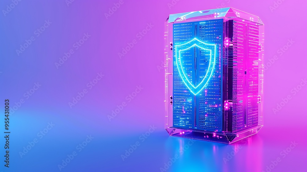 Aufkleber futuristic server with a glowing shield icon symbolizing cybersecurity and data protection. modern t