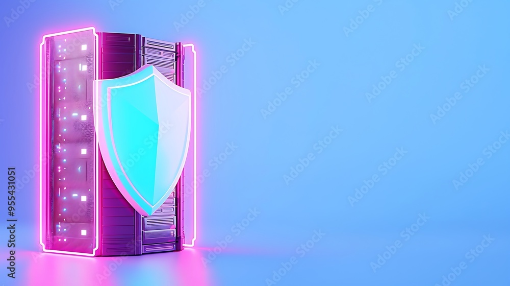 Poster futuristic server with a neon glowing shield symbolizing cybersecurity and data protection on a blue