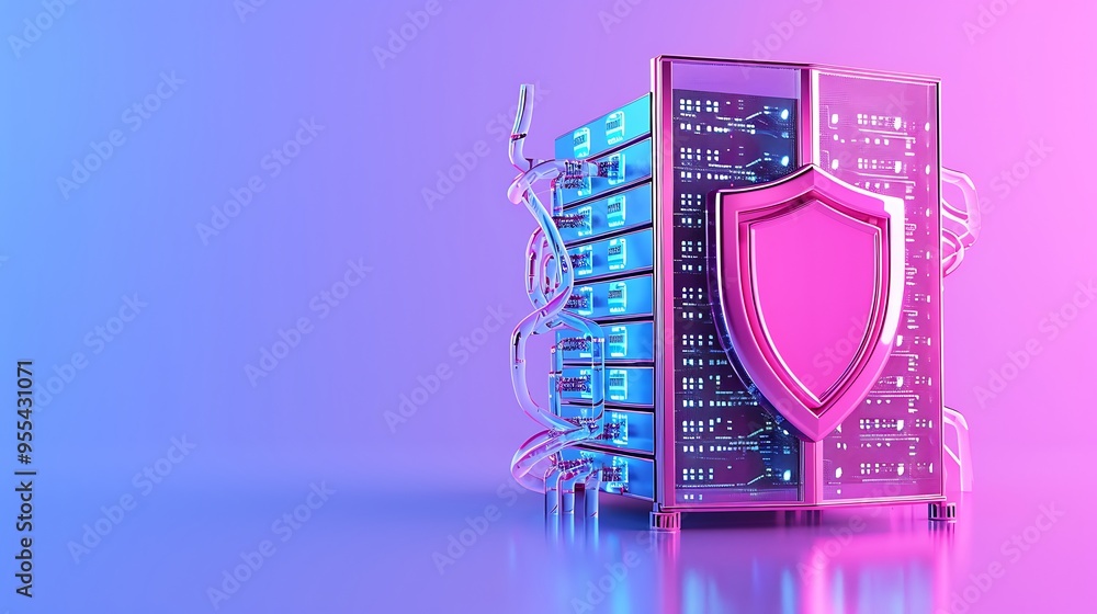 Poster Futuristic server with a security shield symbolizing advanced cybersecurity and data protection in a digital environment.