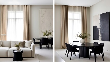 Fototapeta premium Design an elegant open-concept living and dining area with a calming, neutral color scheme