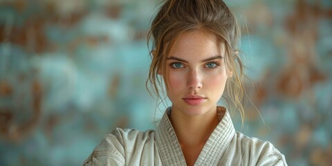 Naklejka premium Close Up Portrait of a Woman with Blue Eyes in White Clothing