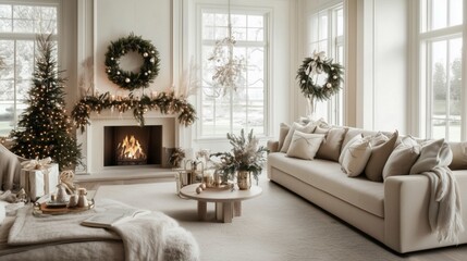 Bright and airy living room with a cozy fireplace, Christmas tree, wreaths, and neutral tones creating a festive atmosphere.