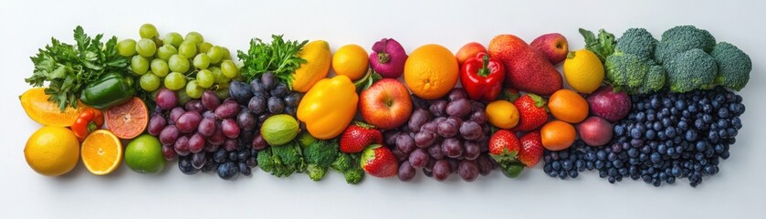 Aging gracefully with healthy foods, a composition of antioxidants-rich fruits and vegetables, isolated on white background