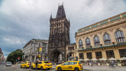 View of The Powder Tower timelapse hyperlapse and the Municipal House at the Republic Square in...
