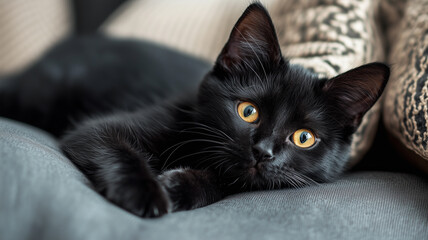 Beautiful cute black cat, lying in the sofa. Poster for Black cat day. Beautiful pet. Resting cat.