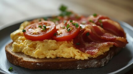 Delicious scrambled eggs with tomatoes and bacon on toasted bread