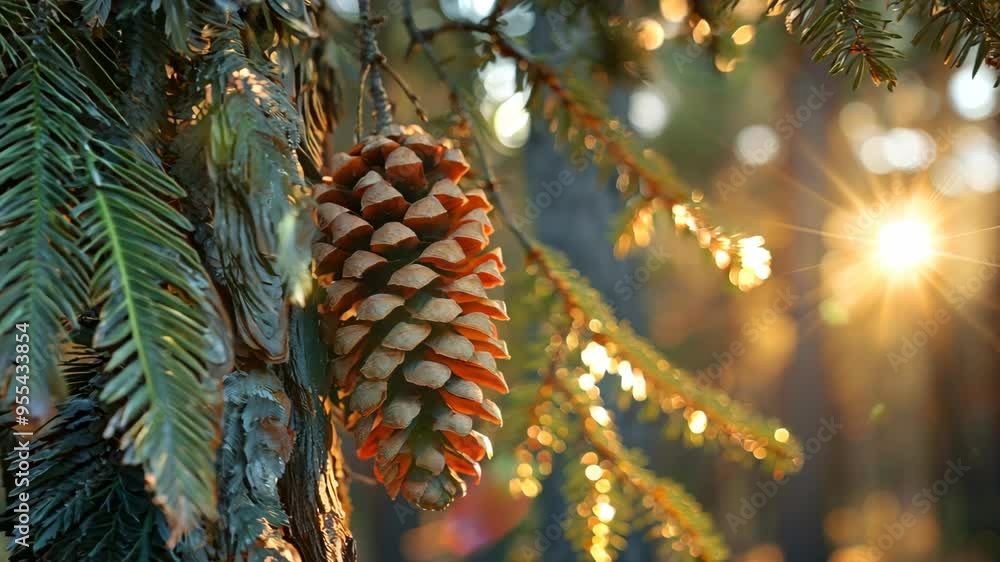 Poster a lone pine cone hangs from a tree branch in a serene forest setting on a misty morning