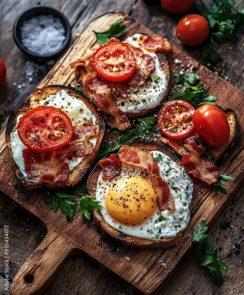 Wall mural delicious breakfast with eggs, bacon, and tomatoes on wooden board