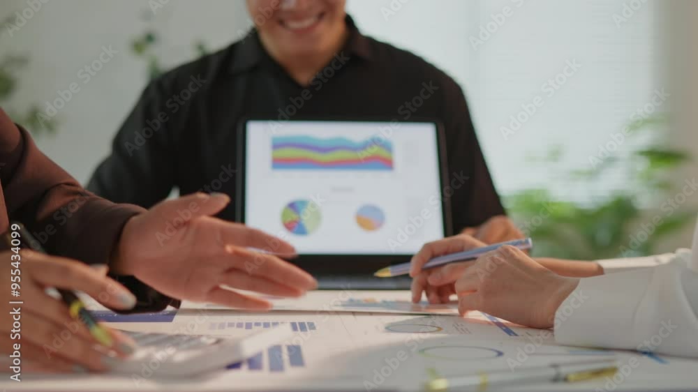 Poster close up of hands teamwork business group are meeting working calculate and brainstorming about busi