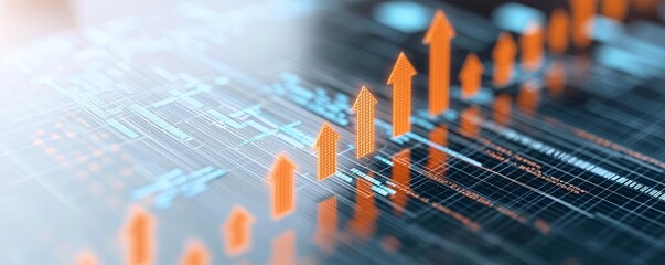 Abstract digital chart with upward arrows, depicting business growth and success in a futuristic financial market