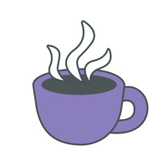 Purple cup of steaming coffee vector illustration showing a hot beverage in a simple flat art style great for cafe-themed designs.