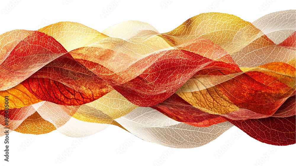 Poster abstract design with autumn leaves in red, orange, and yellow colors arranged in a wave pattern on a