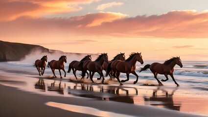 Immerse yourself in the serene beauty of this captivating image featuring horses galloping or walking along a picturesque shoreline.