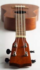 Close-up of Headstock of Ukulele Hawaiian Guitar. a wooden ukulele with strings. musical instrument isolated on white, selective focus