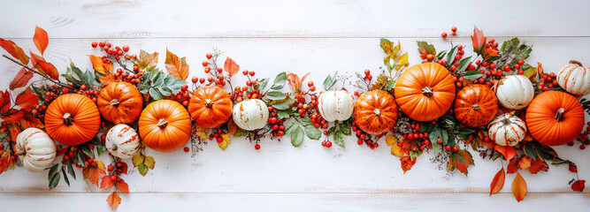 Festive autumn fall decor banner with pumpkins and leaves on a white wood panel table wreath