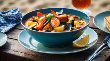 Bowl of Seafood and Mussels on Table