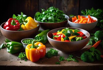 vibrant bowls filled fresh stir fry ingredients featuring bright vegetables aromatic herbs, color, onion, pepper, carrot, broccoli, garlic, mushroom, snap