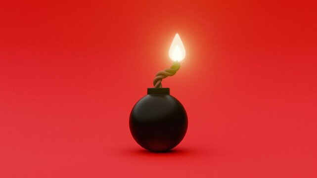 A bomb with lit fuse on red background