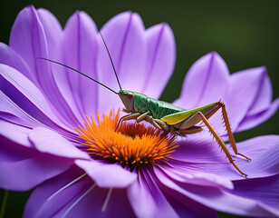 Grasshopper on a purple flower in the garden. Macro