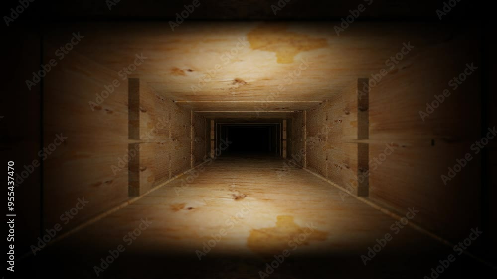 Poster endless forward movement through a dark rectangular tunnel with plywood walls. 3d render looped anim