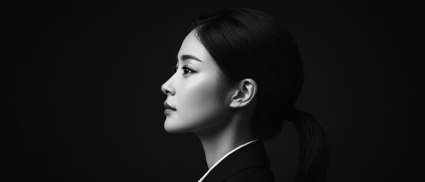Black and white photo Japanese businesswoman in profile solid black background timeless elegance strong profile serene focus