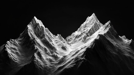 Snow-covered mountains in black and white dramatic lighting high contrast peaks solid black background ethereal stillness powerful and majestic nature scene