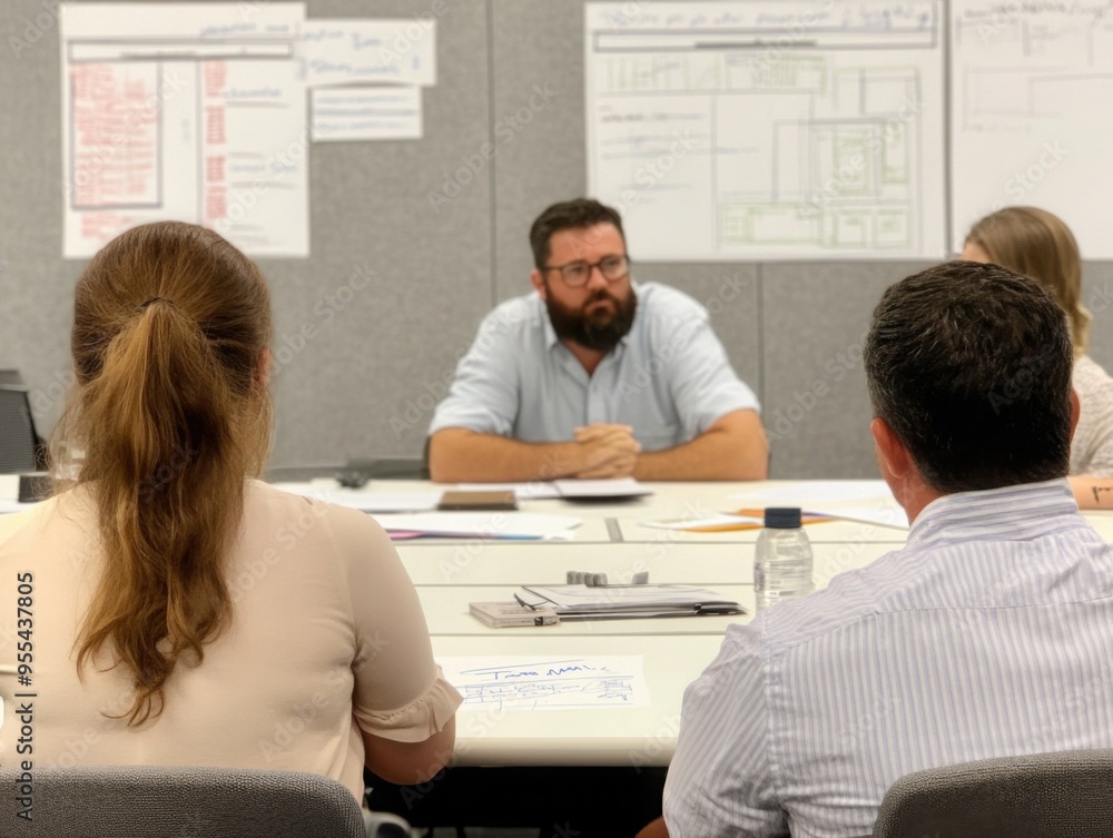 Poster design team meeting: collaborative session with developers and whiteboard sketches, illustrating tea
