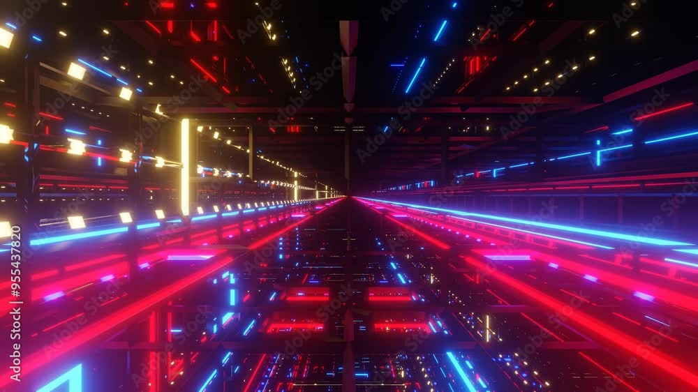 Poster fast endless forward movement through a dark tunnel with glowing red and blue lights. 3d render loop