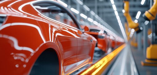 Car body on a moving assembly line, robotic arms working synchronously in a high-tech automotive production plant