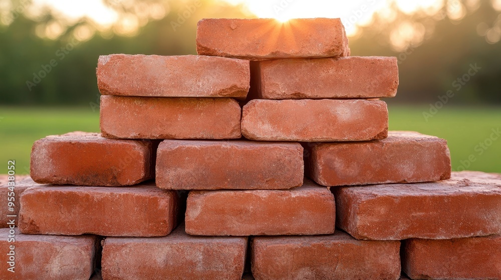 Poster a stack of red bricks with a sun shining on them