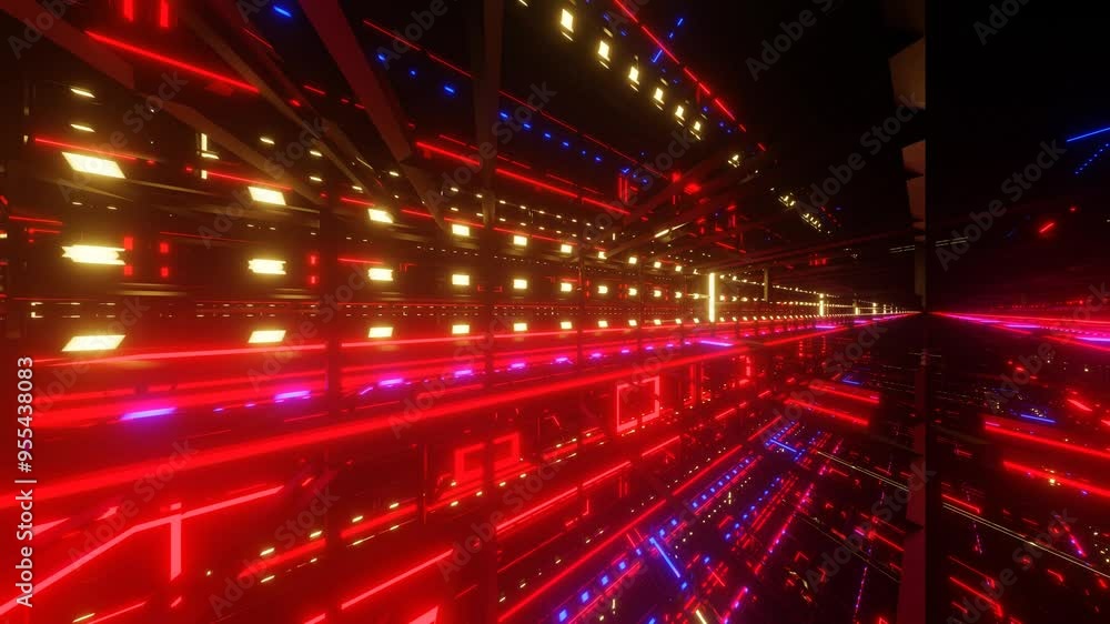 Poster fast endless forward movement through a dark tunnel with glowing red lights. 3d render looped animat