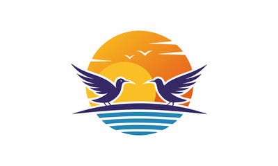 Download Birds At Sunset Vector Logo On White Background - Simple Design With Flat Colors And Sunset Lighting Svg File For Design.