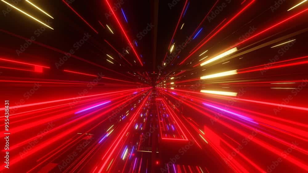 Poster fast endless forward movement through a dark tunnel with glowing red lights. 3d render looped animat