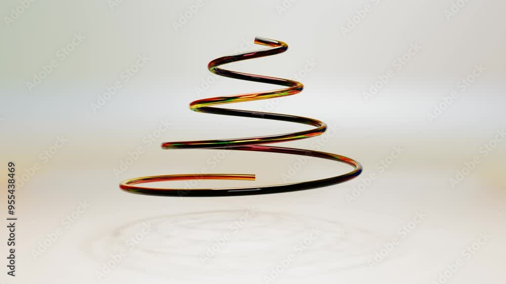 Poster dark glossy spiral figure with multicolored spots rotates on white background. 3d render looped anim